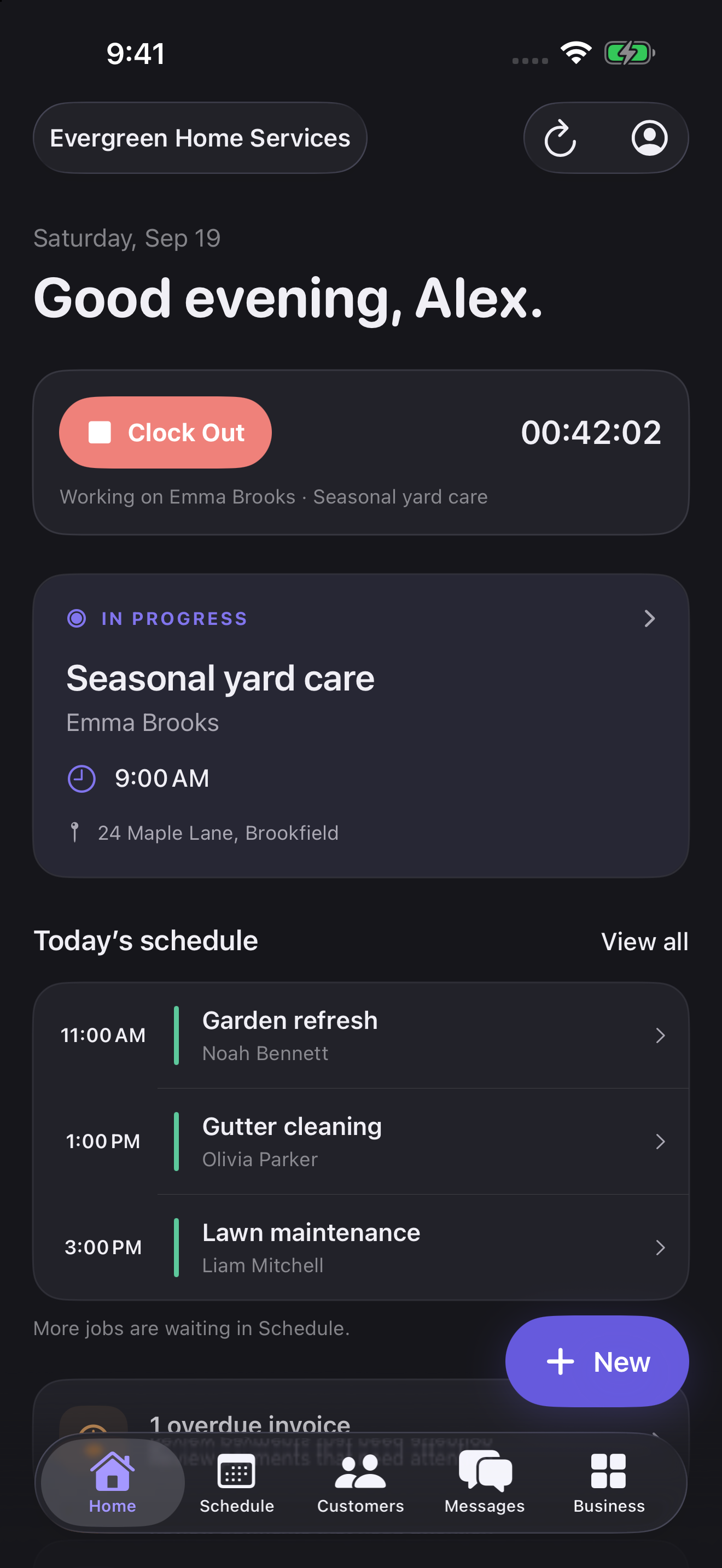 Serviq Home in dark mode with an active time clock, current job, and today's schedule
