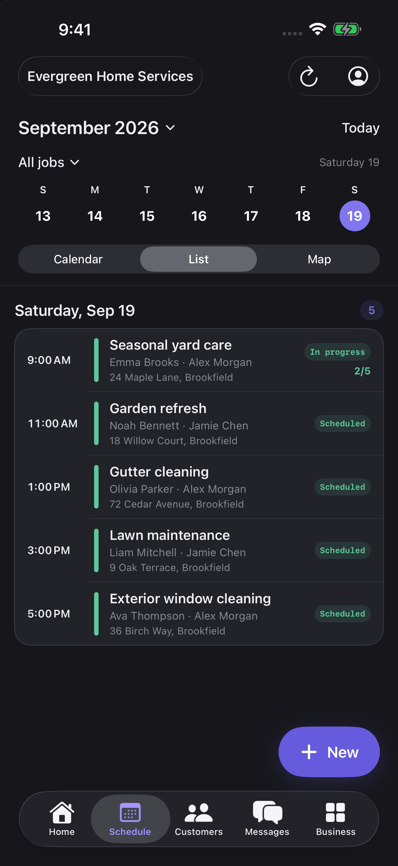 Serviq's daily schedule and team assignments in dark mode
