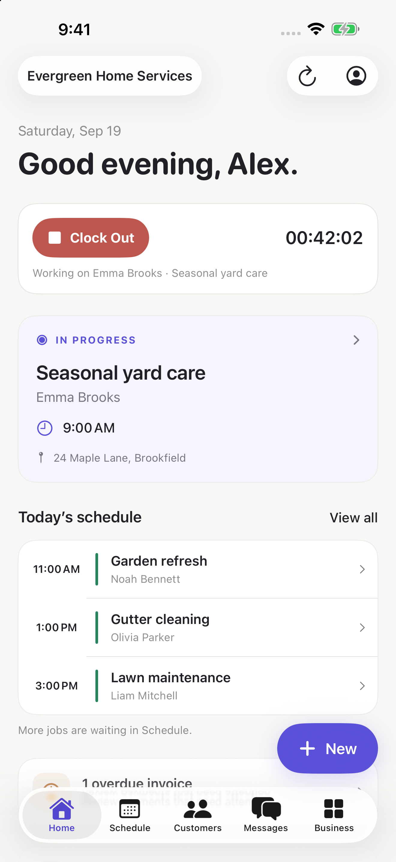 Serviq Home with an active time clock, current job, and today's schedule