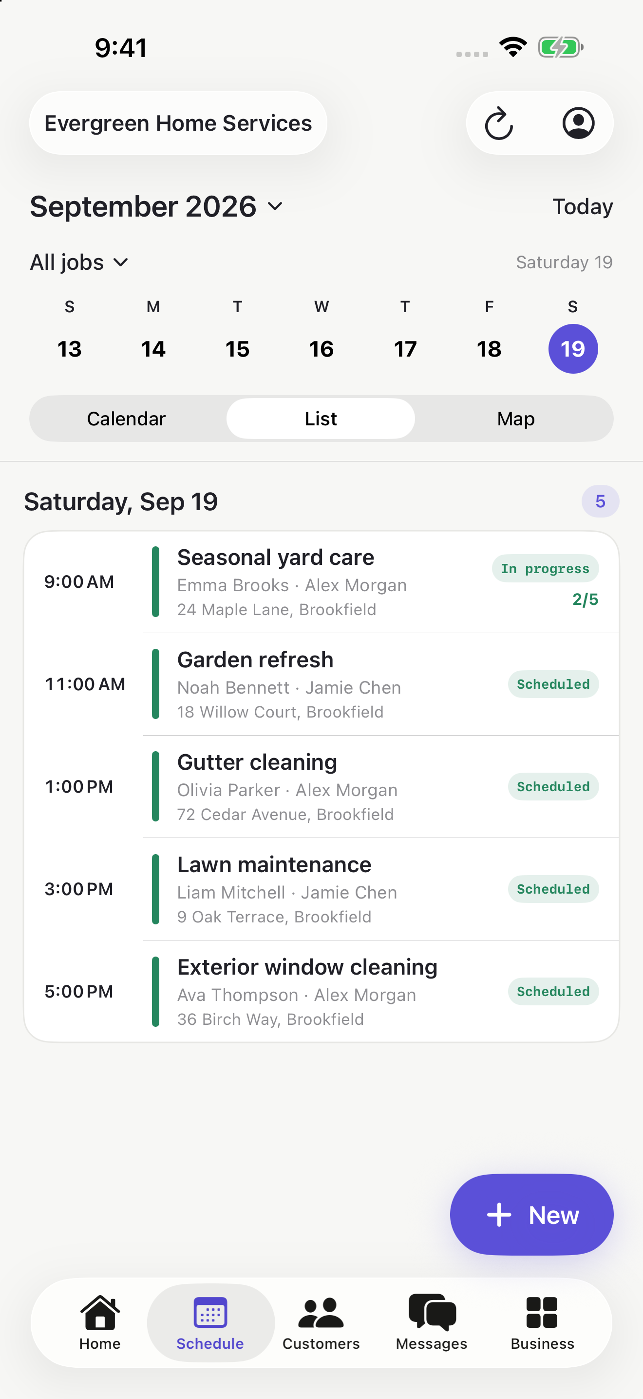 Serviq for iPhone showing the day's scheduled jobs and team assignments
