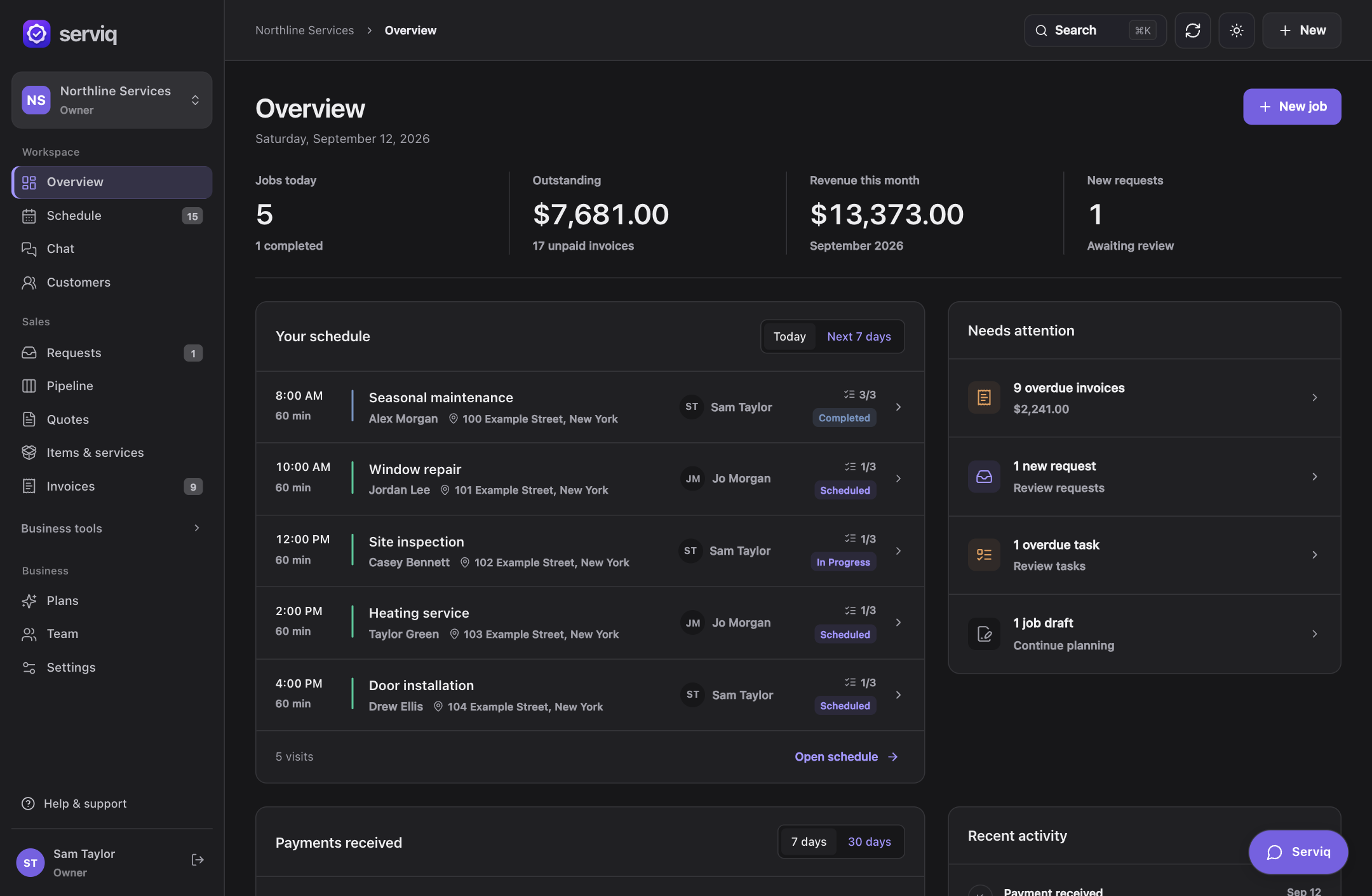 Serviq overview with today’s jobs, payment activity, and follow-ups, shown with sample business records in dark mode