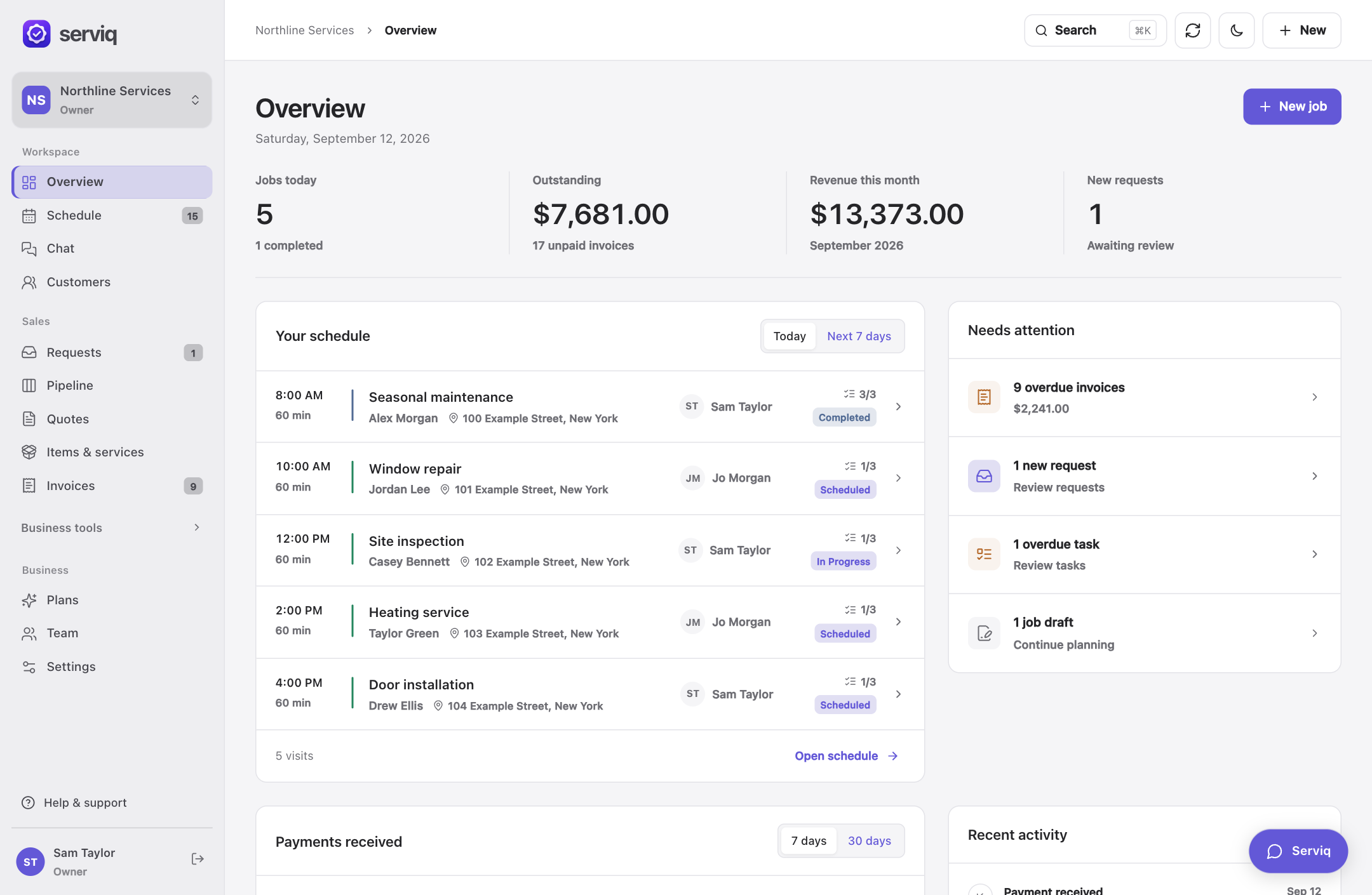 Serviq overview with today’s jobs, payment activity, and follow-ups, shown with sample business records